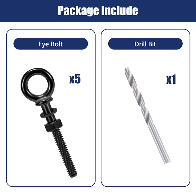 Package contents showing black eye bolts nuts washers and drill bit
