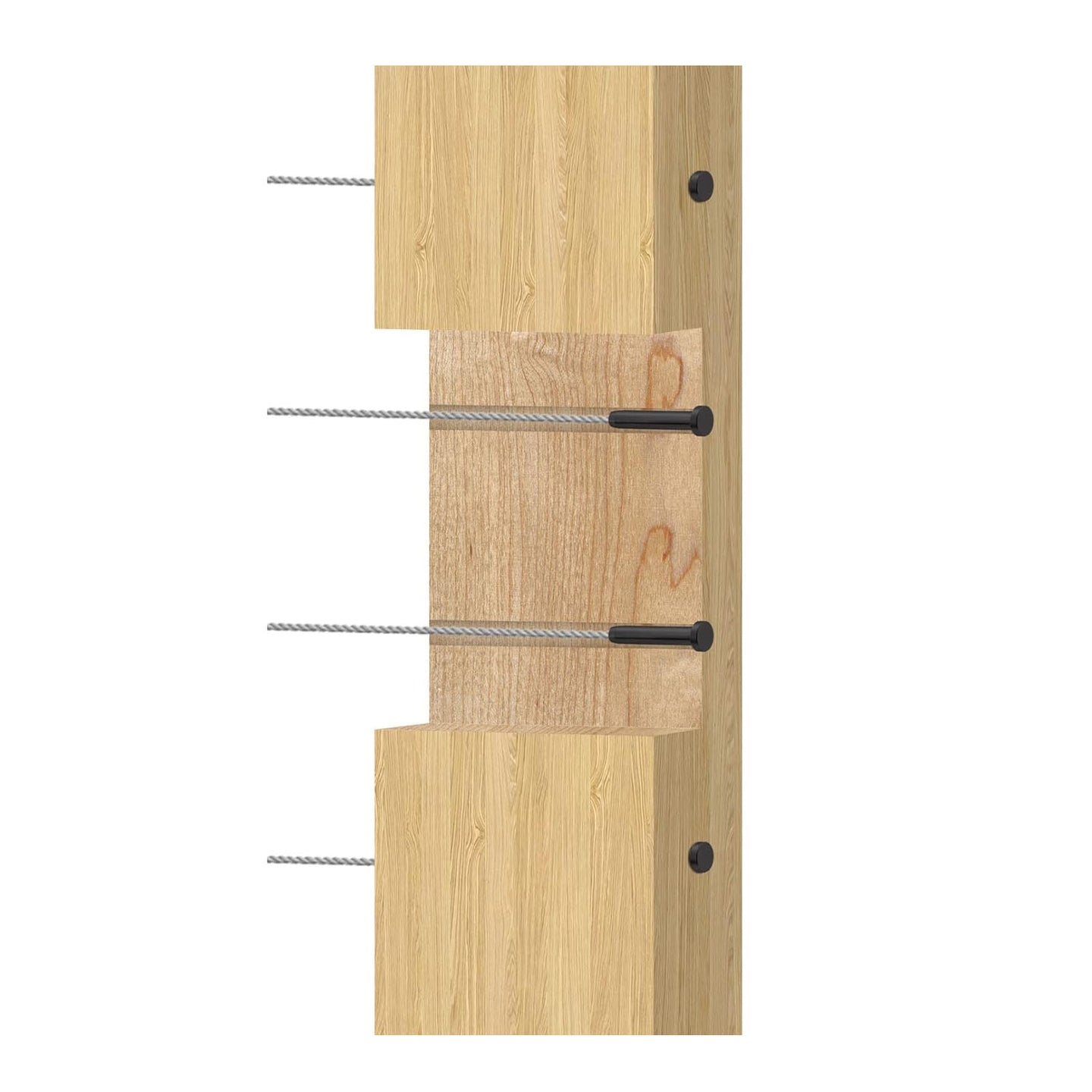Cross section showing black invisible fixed end terminal hidden inside a wood post