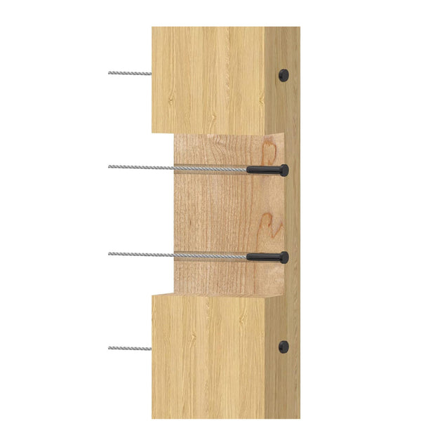 Cross section showing black invisible fixed end terminal hidden inside a wood post