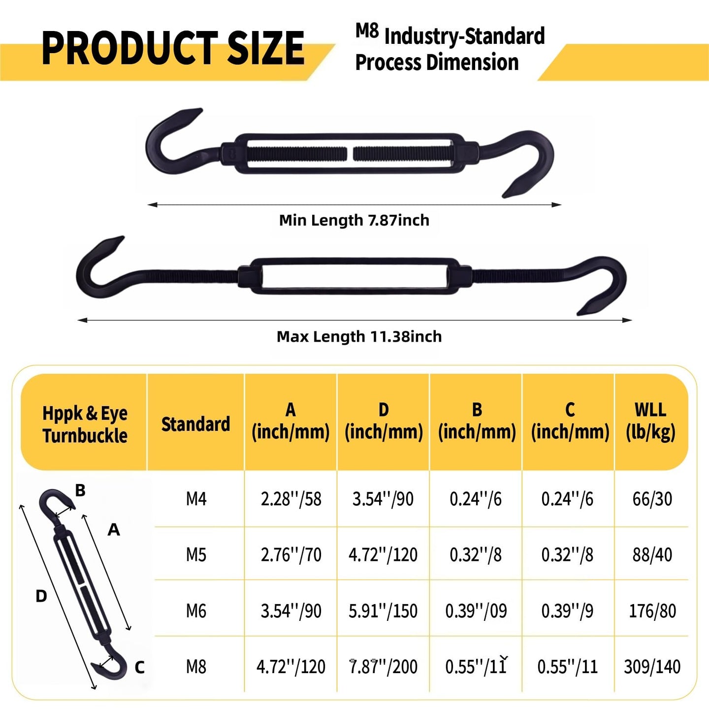 Detailed dimension and size specification chart for black stainless steel hook and eye turnbuckles, aiding users in proper rigging hardware selection.