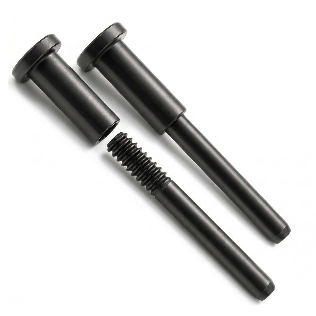 Close-up of the black invisible cable railing kit, featuring a black oxidized T316 stainless steel hidden receiver and threaded swage stud for 1/8 inch wire rope.