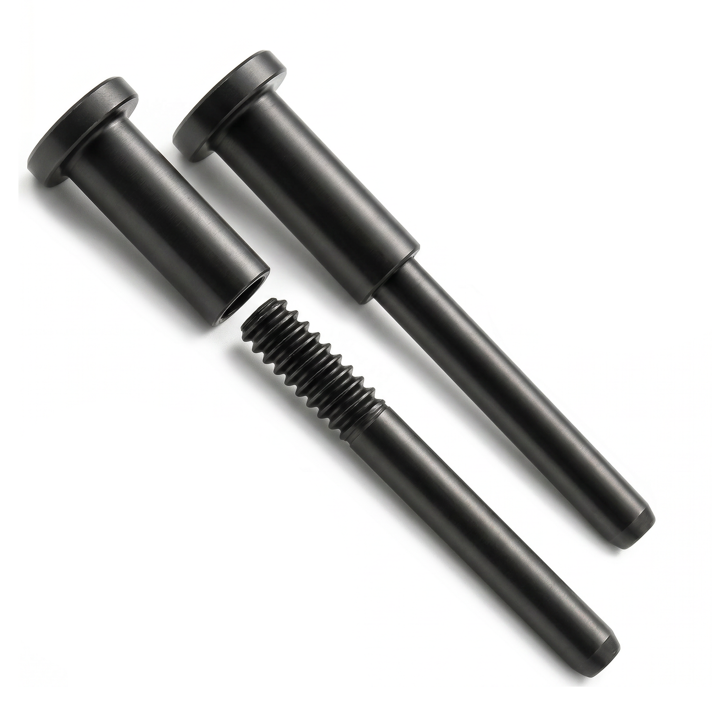 Close-up of the black invisible cable railing kit, featuring a black oxidized T316 stainless steel hidden receiver and threaded swage stud for 1/8 inch wire rope.