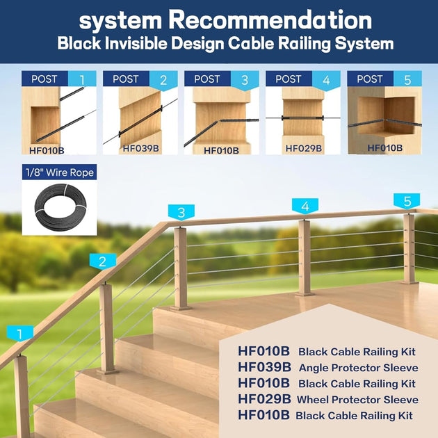 System recommendation layout for building an invisible black cable railing on stairs.