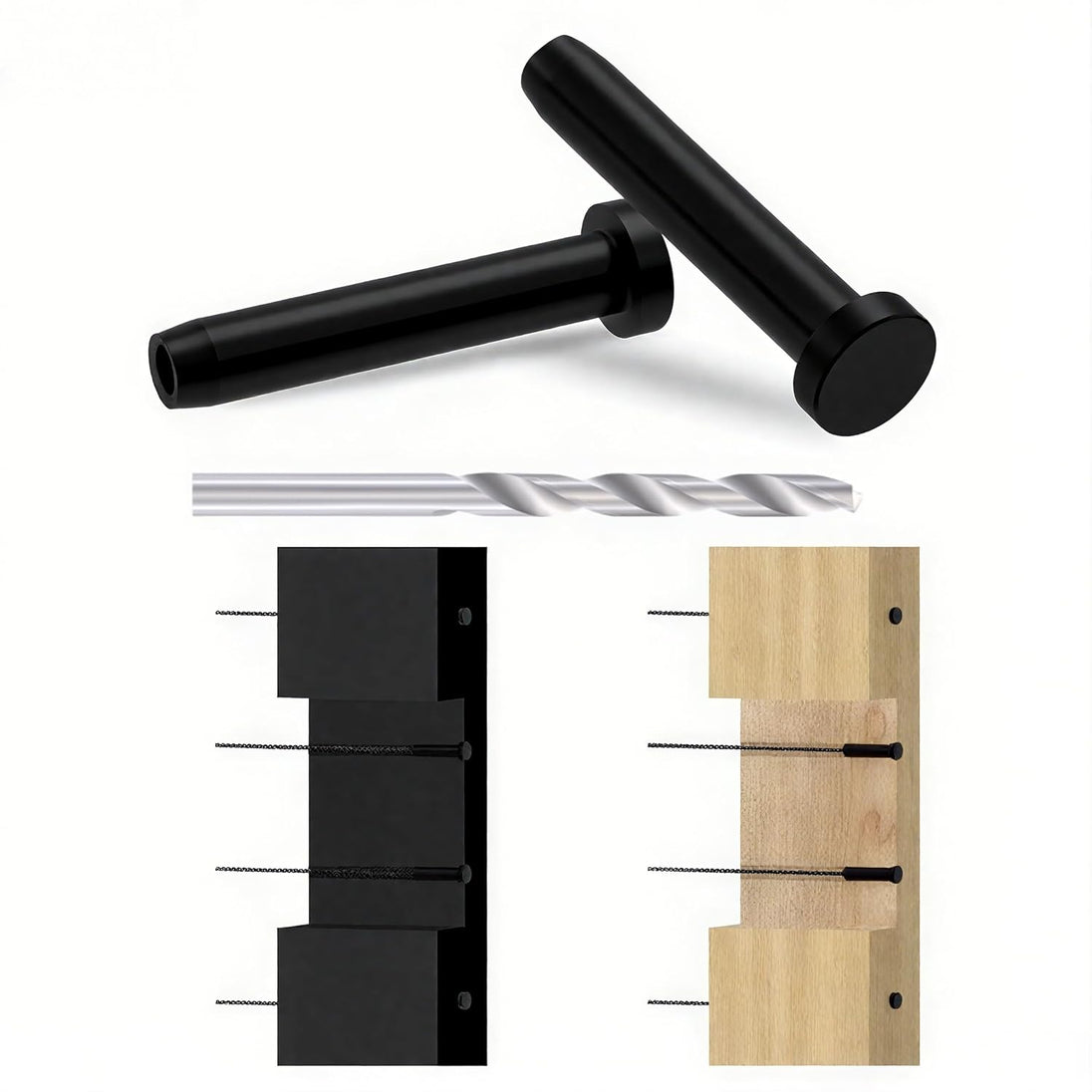 Black invisible fixed end hardware kit shown with drill bit and post cross sections
