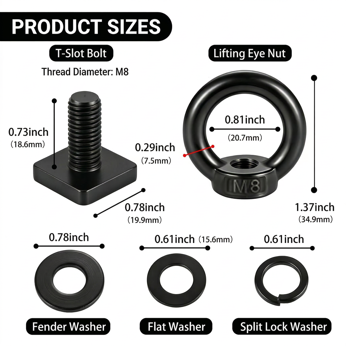 Detailed dimensions of the black M8 T-bolt and 7.3mm thickened lifting eye nut.