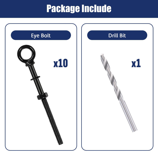 Graphic detailing the package contents of a suspension kit, specifically highlighting the black machine thread eye bolts and matching plastic wall anchors for masonry mounting.