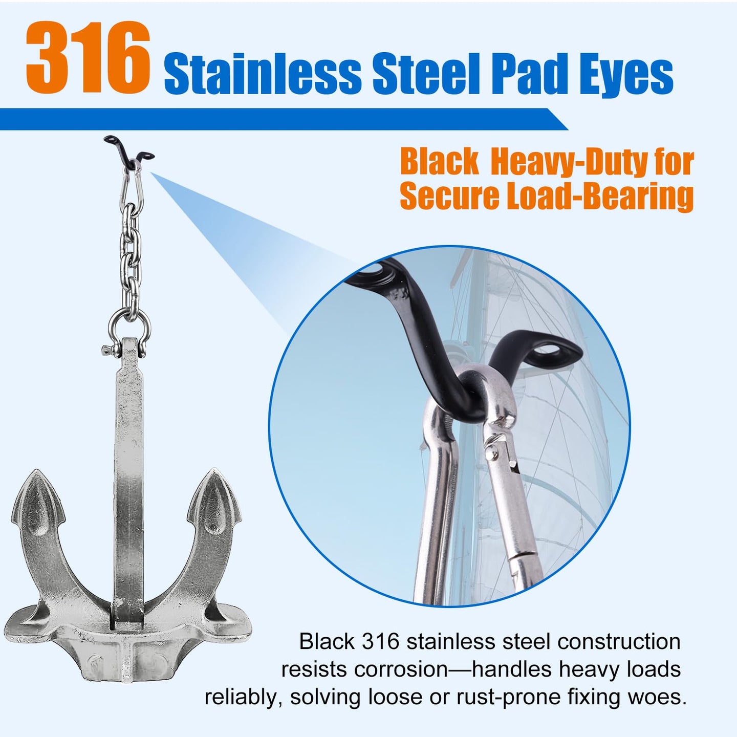Heavy duty black 316 stainless steel eye straps providing secure load bearing for marine hardware.