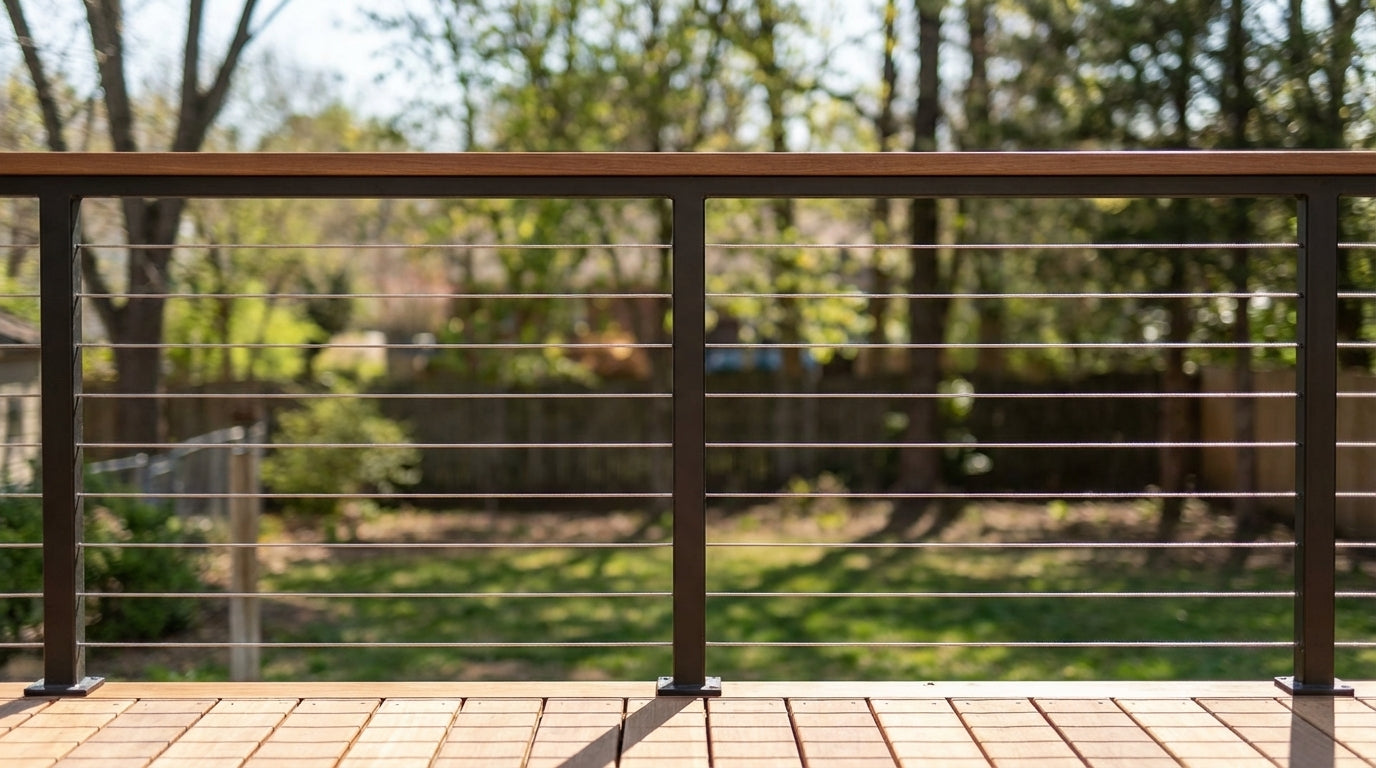 A close-up view of a modern outdoor deck railing featuring black metal posts, horizontal stainless steel cables, and a wooden top rail, looking out over a green backyard garden.