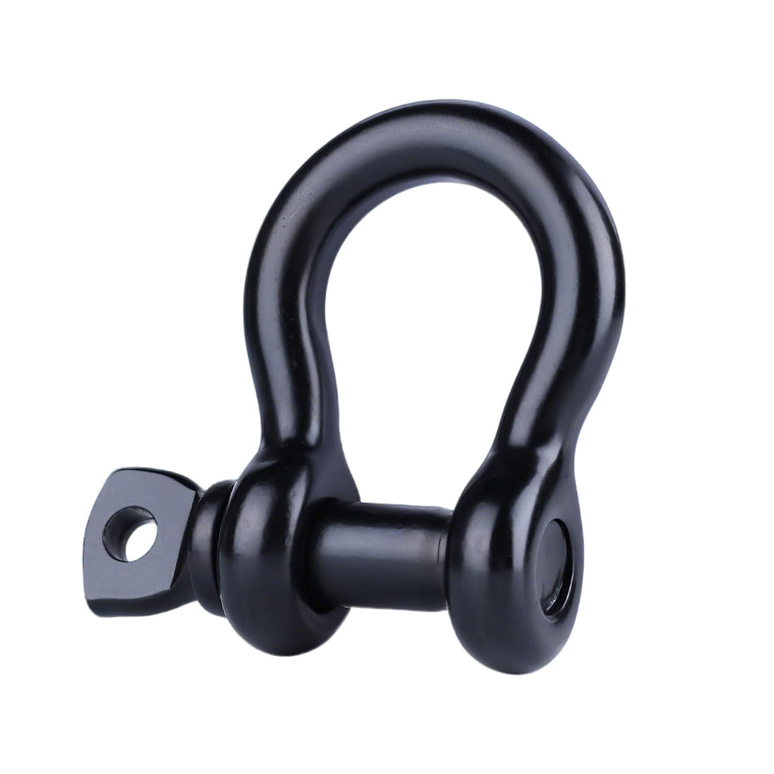 Studio isolated shot of a heavy-duty black oxidized screw pin bow shackle, a versatile connecting link for outdoor and marine rigging.