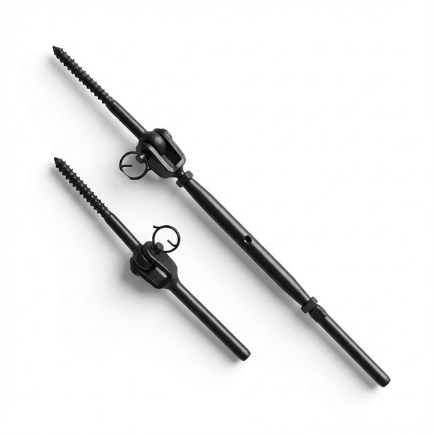 Two black oxidized stainless steel threaded stud tensioners, providing a sleek, heavy-duty through-post mounting solution for wire rope railings.