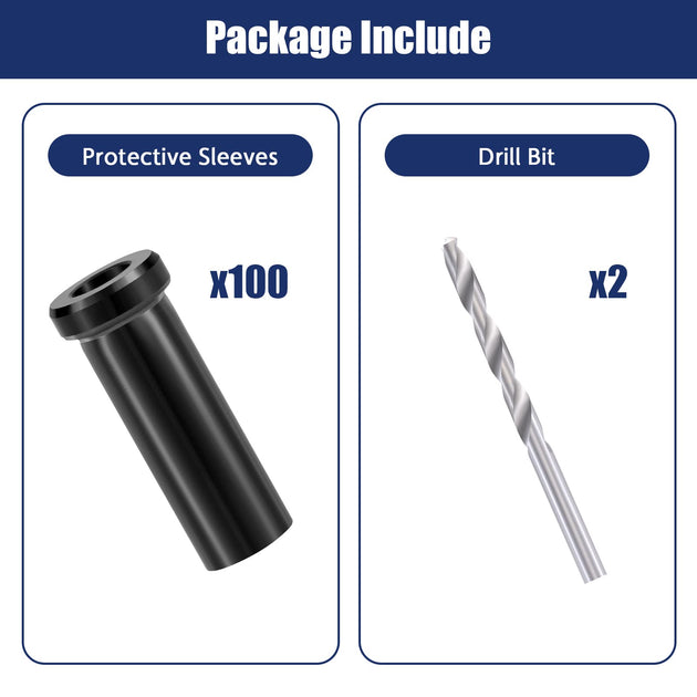 Kit of black PVD protective sleeves and two drill bits for 1/8 cable railing