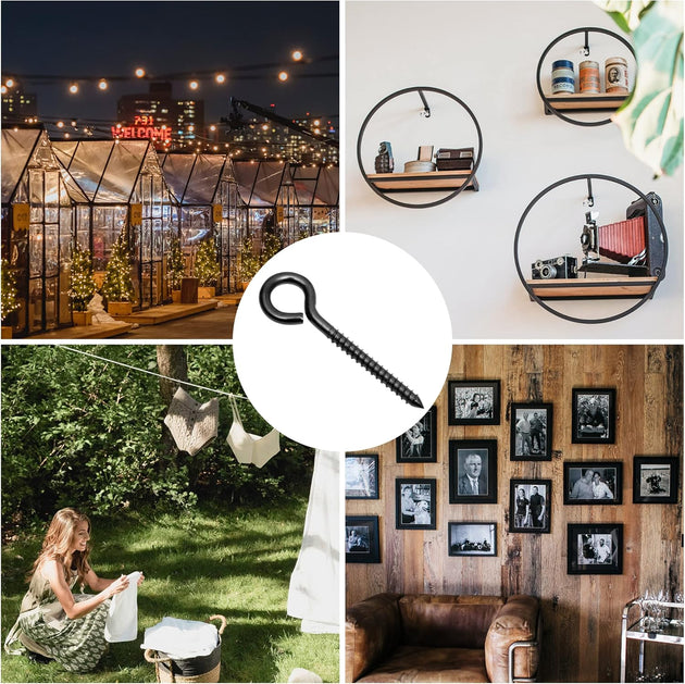Versatile applications for RiaYer black screw eye hooks including outdoor string lights and indoor decor.