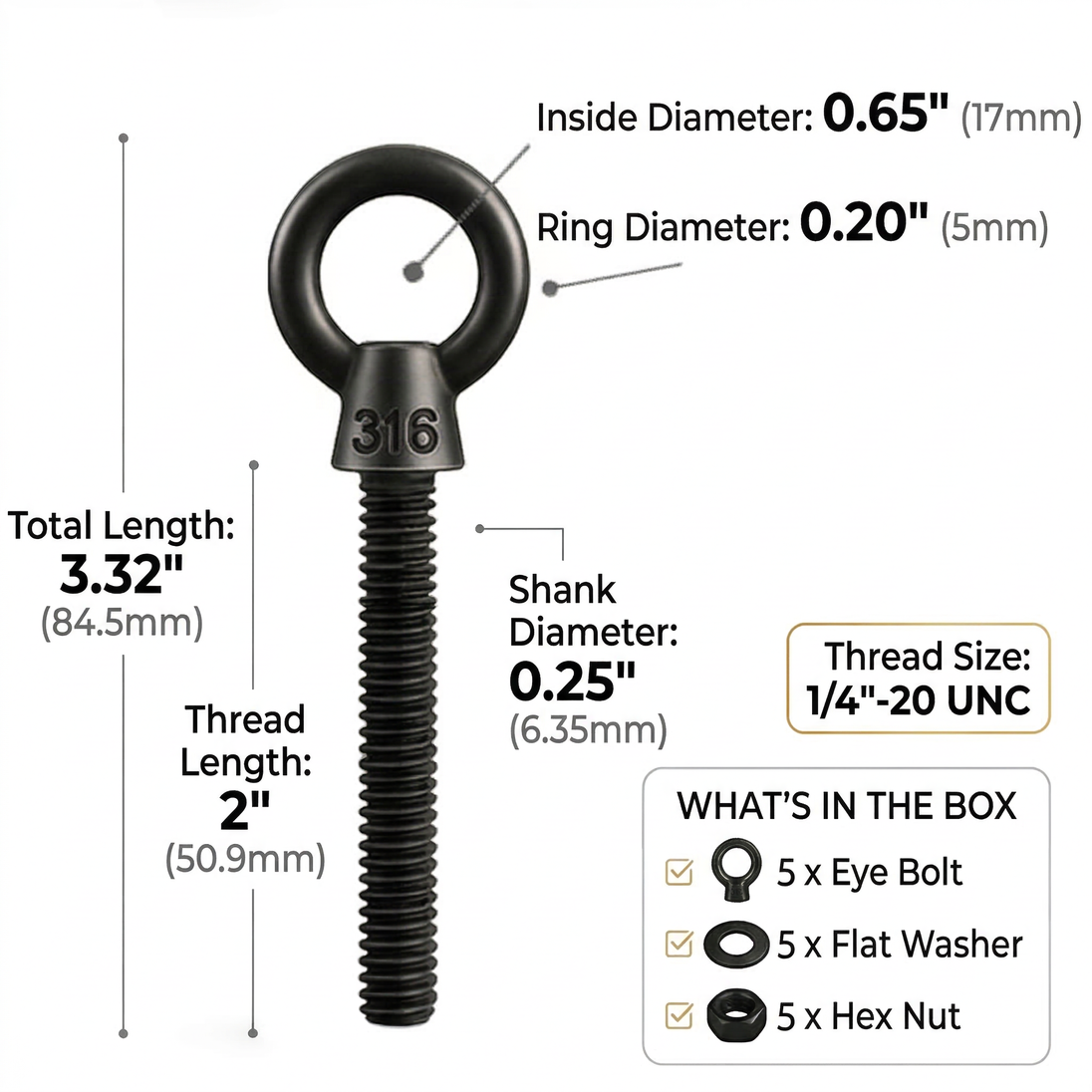 Dimensions and 1/4-20 thread size for the RiaYer 2 inch black marine grade eye bolt.