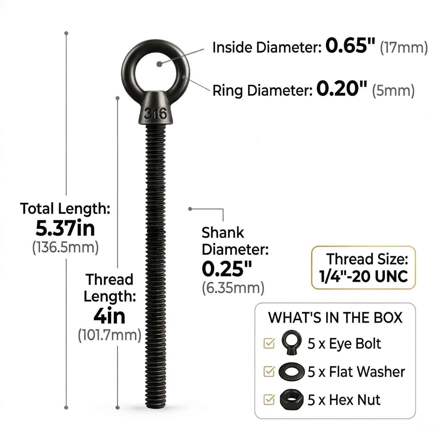 Dimensions showing the 4 inch extended reach of RiaYer black stainless steel eye bolts.