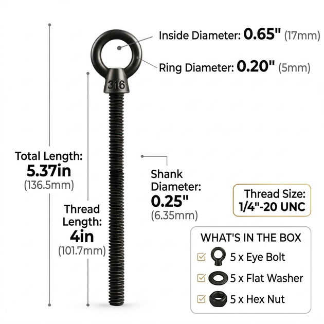 Dimensions showing the 4 inch extended reach of RiaYer black stainless steel eye bolts.