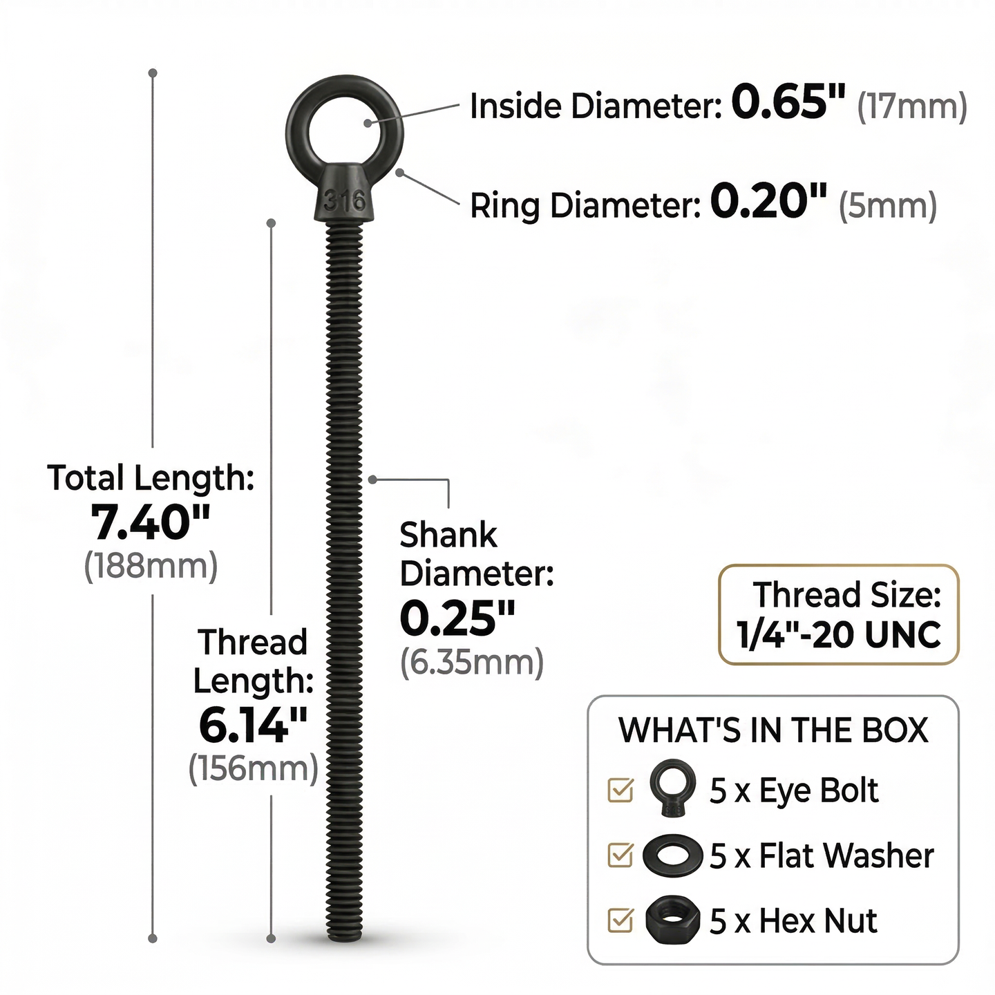 Dimensions showing the extra long 6 inch shank of RiaYer black stainless steel threaded eye bolts.