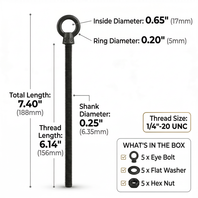 Dimensions showing the extra long 6 inch shank of RiaYer black stainless steel threaded eye bolts.