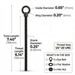 Dimensions showing the extra long 6 inch shank of RiaYer black stainless steel threaded eye bolts.