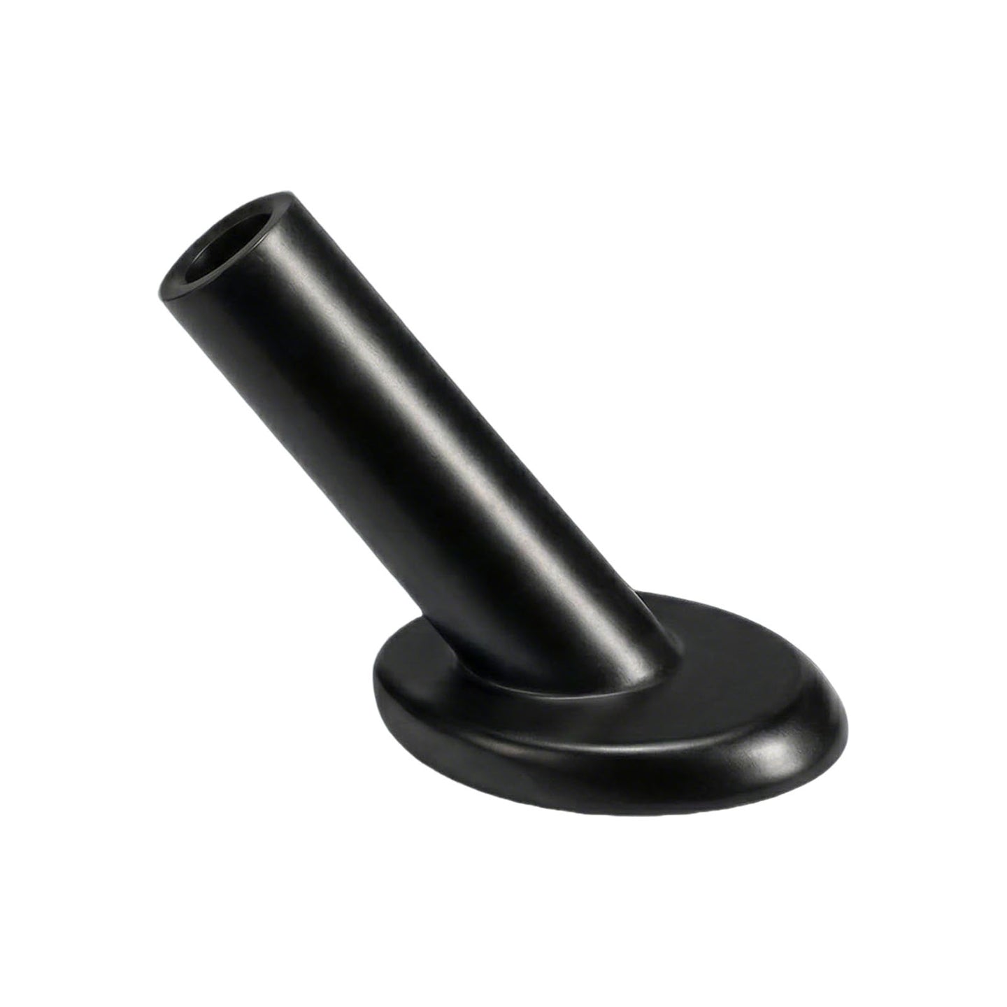 Studio shot of a black marine-grade stainless steel angled protective sleeve, an essential fitting used to guide wire rope smoothly through wooden stair posts.