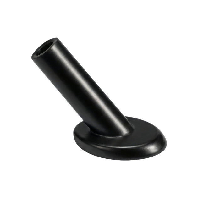 Studio shot of a black marine-grade stainless steel angled protective sleeve, an essential fitting used to guide wire rope smoothly through wooden stair posts.