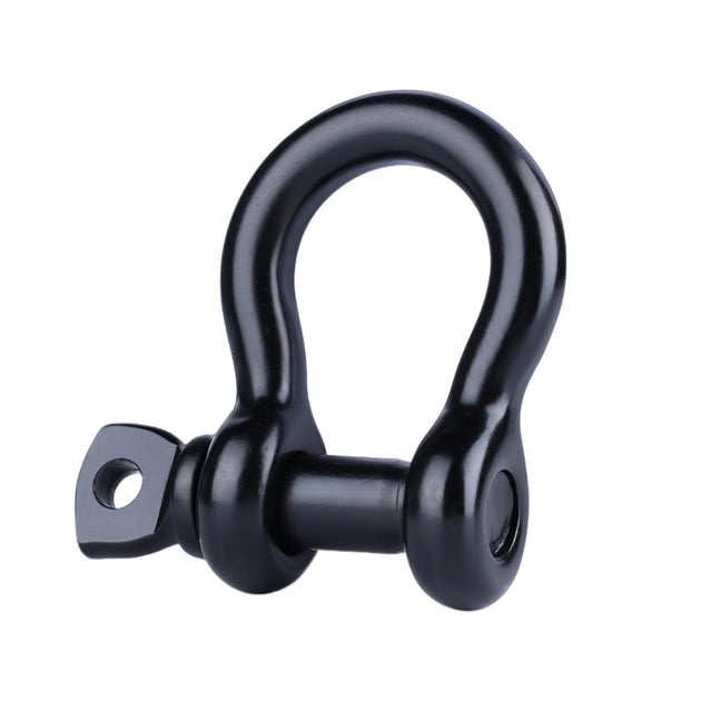 Studio shot of a black stainless steel screw pin bow shackle on a white background, commonly used for secure lifting and temporary rigging.