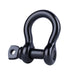Studio shot of a black stainless steel screw pin bow shackle on a white background, commonly used for secure lifting and temporary rigging.