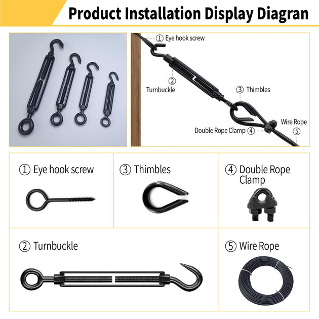 Black stainless steel wire tensioner hardware shown in hand for scale