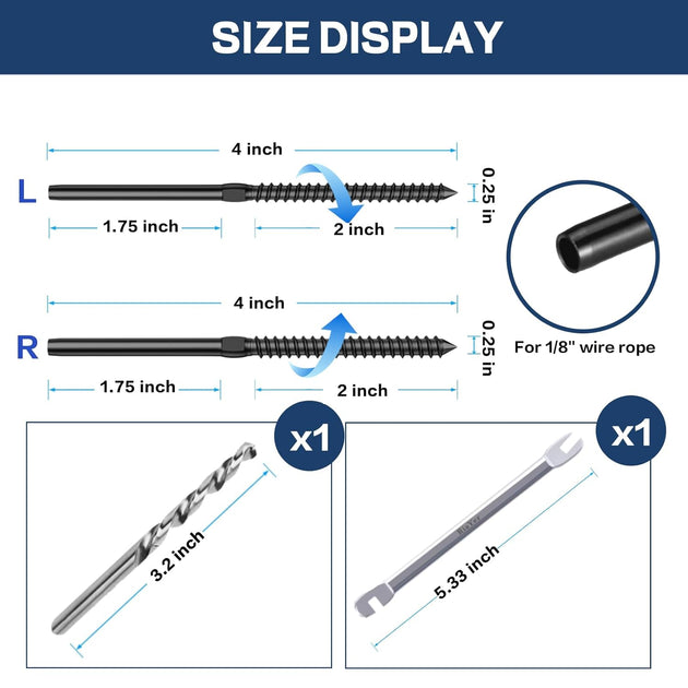 Size dimensions and included drill bit for RiaYer 1/8 inch black swage lag screws