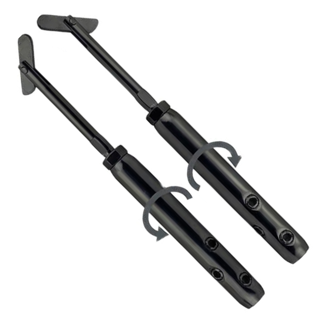 Close-up of two black swageless toggle turnbuckles for cable railing systems. Features rotation arrows for easy tensioning and set screws for securing 1/8 inch wire rope without needing crimping tools.