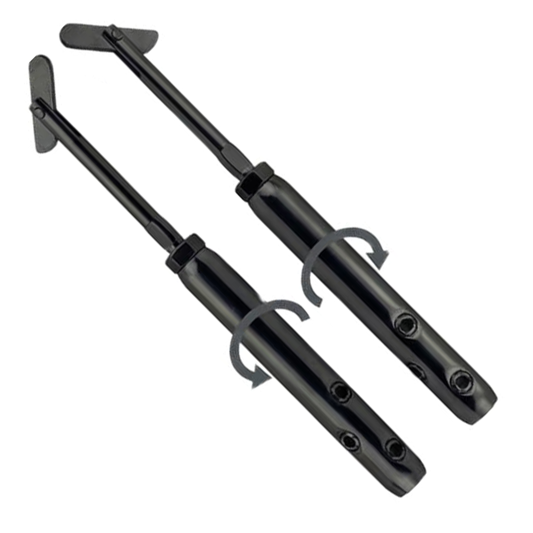 Close-up of two black swageless toggle turnbuckles for cable railing systems. Features rotation arrows for easy tensioning and set screws for securing 1/8 inch wire rope without needing crimping tools.