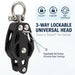 Product feature graphic for a heavy-duty black swivel pulley block, highlighting its 360-degree universal rotating head for flexible and safe rope hoisting.