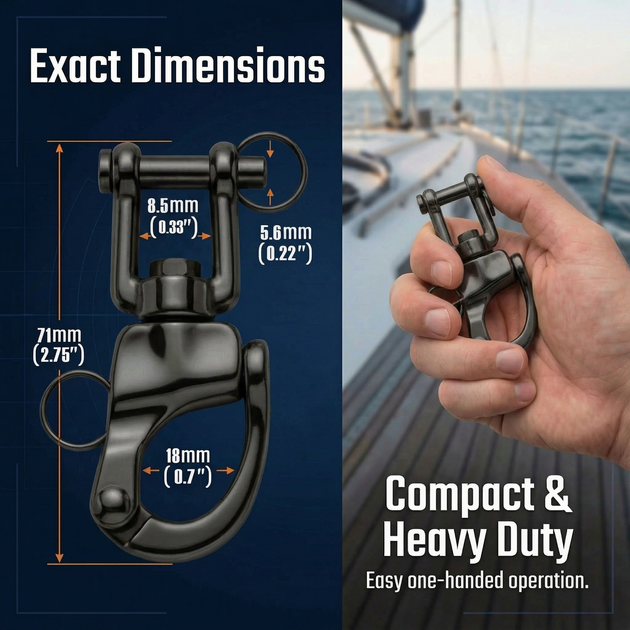Exact dimensions of the compact and heavy duty RiaYer black quick release snap shackle.