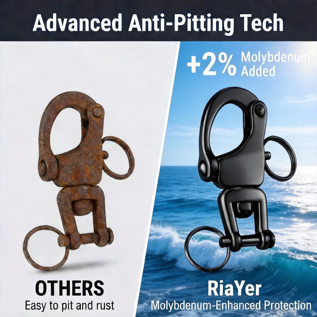Advanced anti-pitting tech of RiaYer black T316 stainless steel shackle versus standard rusting hardware.