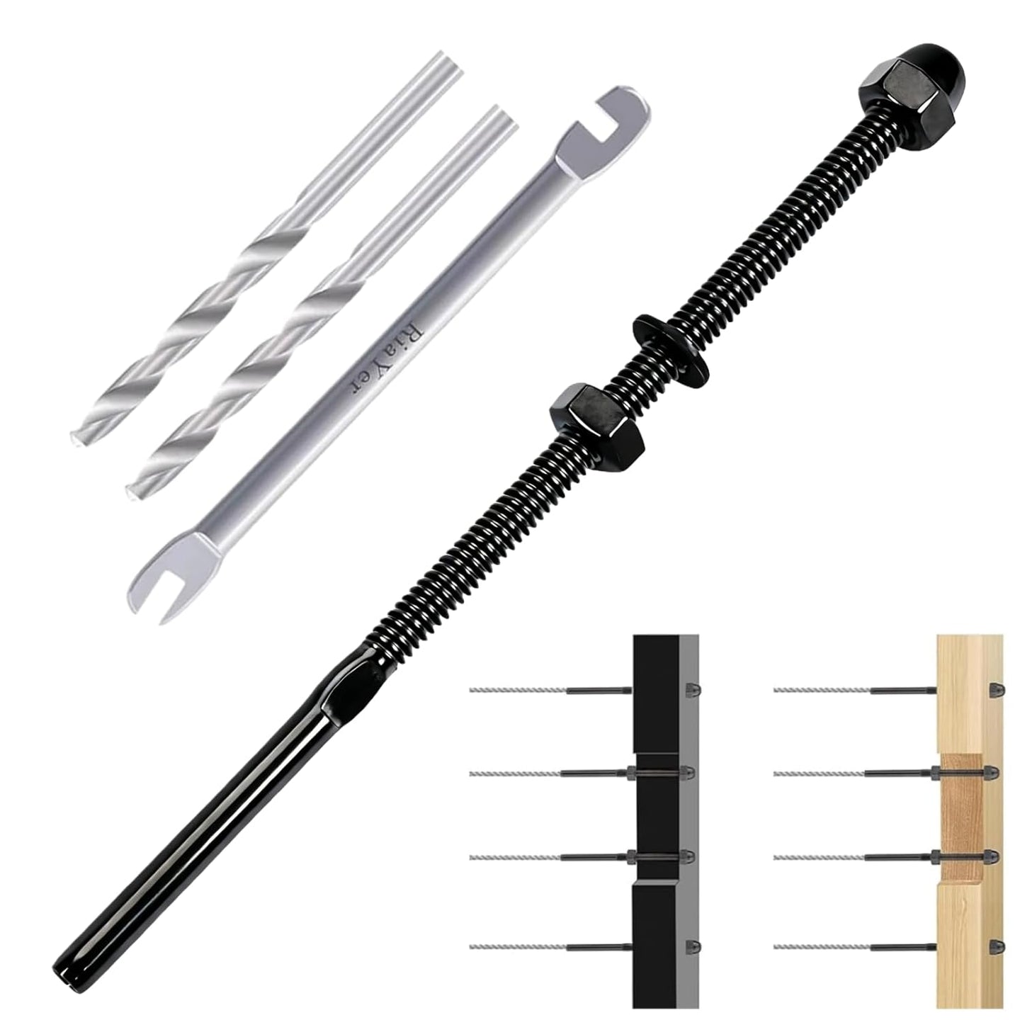 Black 6 inch threaded stud cable tensioner kit including drill bits, custom wrench, and decorative cap nut