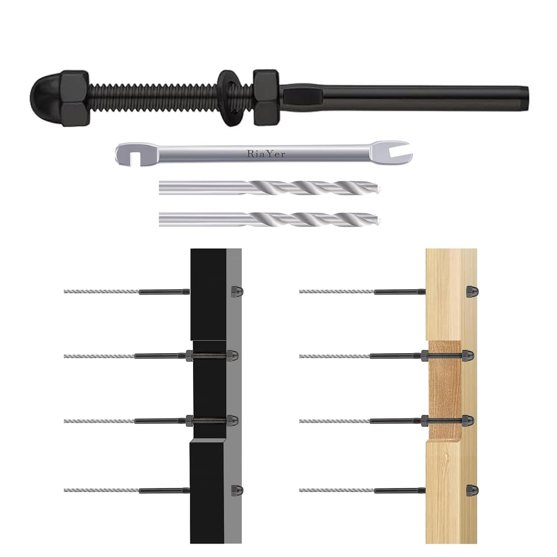 Black 4 inch threaded stud cable tensioner kit with drill bits and custom wrench