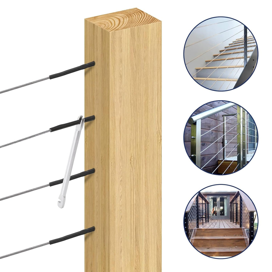 Tightening black threaded stud tensioner on wood post using custom wrench with stair and deck railing examples