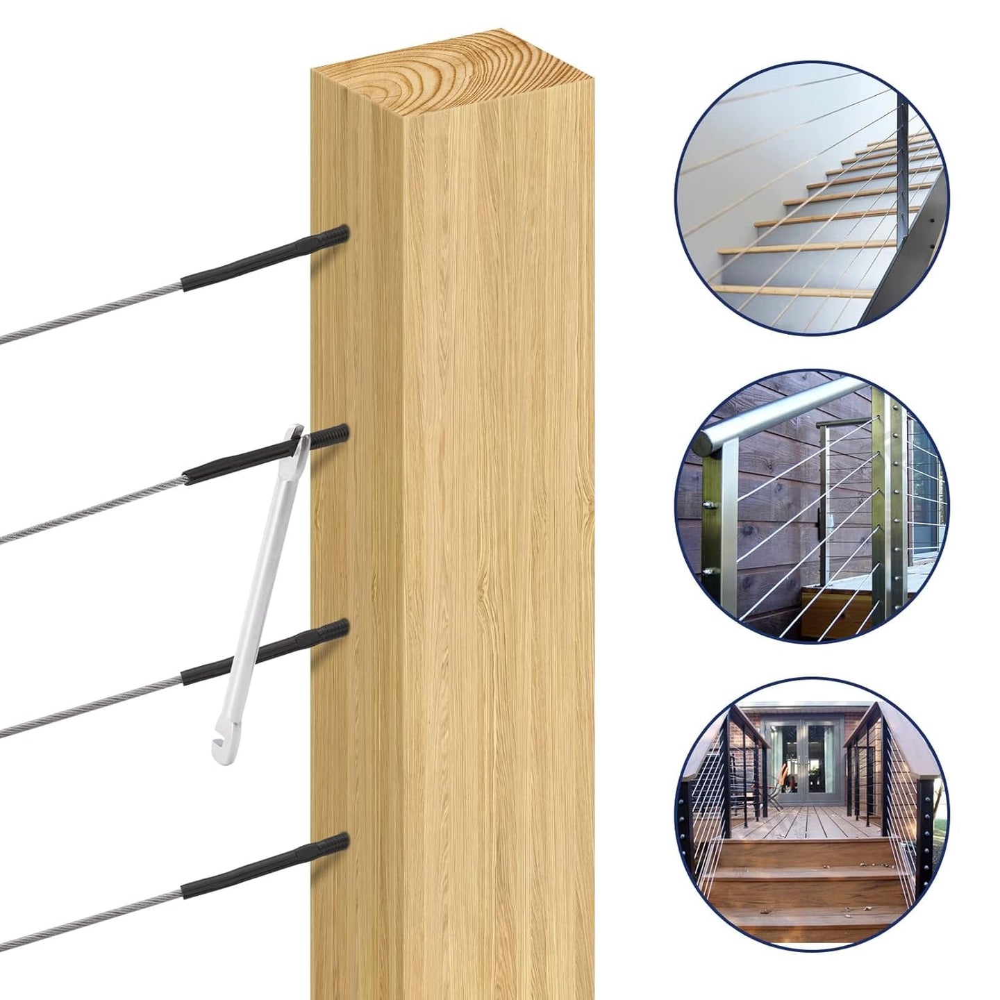 Tightening black threaded stud tensioner on wood post using custom wrench with stair and deck railing examples