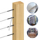 Tightening black threaded stud tensioner on wood post using custom wrench with stair and deck railing examples