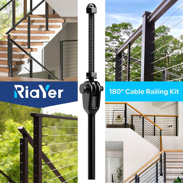 Black titanium PVD cable railing hardware by RiaYer installed on a wood staircase system.