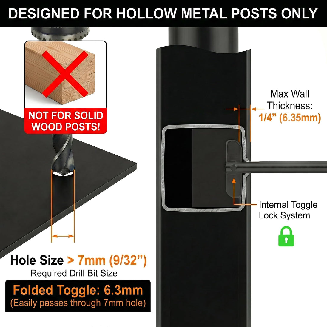 Important compatibility warning: This internal toggle lock system is designed EXCLUSIVELY for hollow metal posts (like aluminum or steel tubes) and is NOT suitable for solid wood posts.