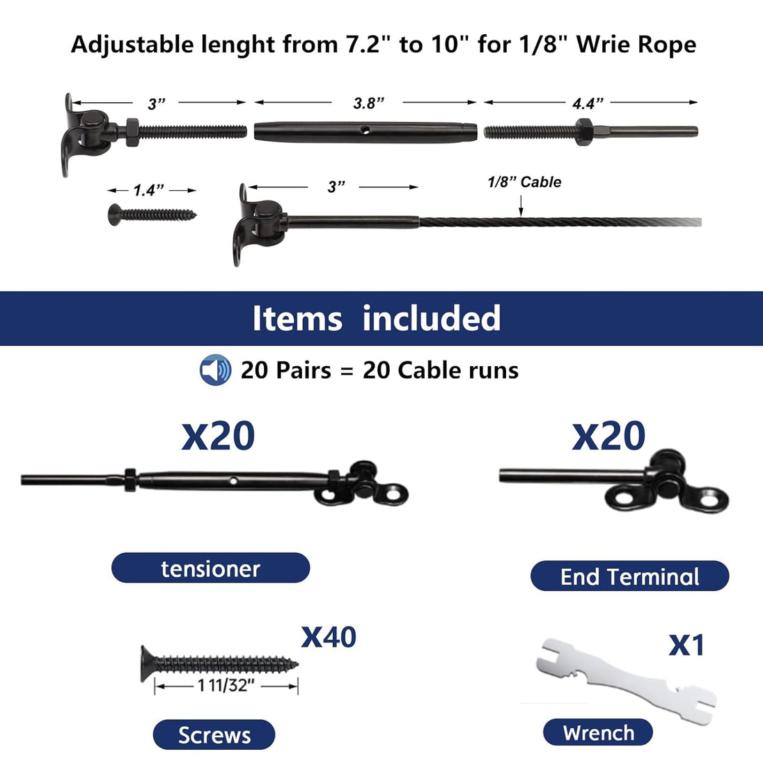 Included components and dimensions for RiaYer black surface mount toggle turnbuckle kit.