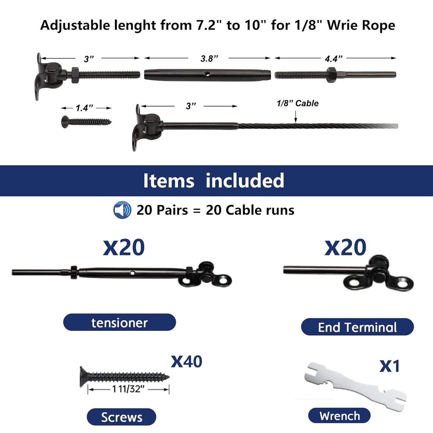 Included components and dimensions for RiaYer black surface mount toggle turnbuckle kit.