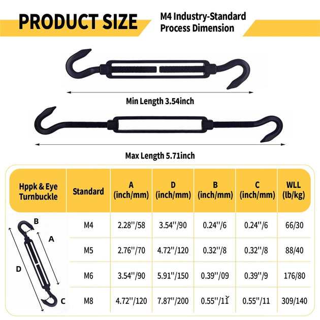 Detailed size and dimension specification chart for black hook and hook turnbuckles, helping users select the correct hardware for their rigging needs.