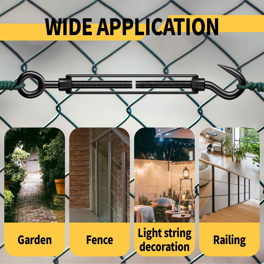 Black hook and eye turnbuckle used for tensioning outdoor sun shade sail