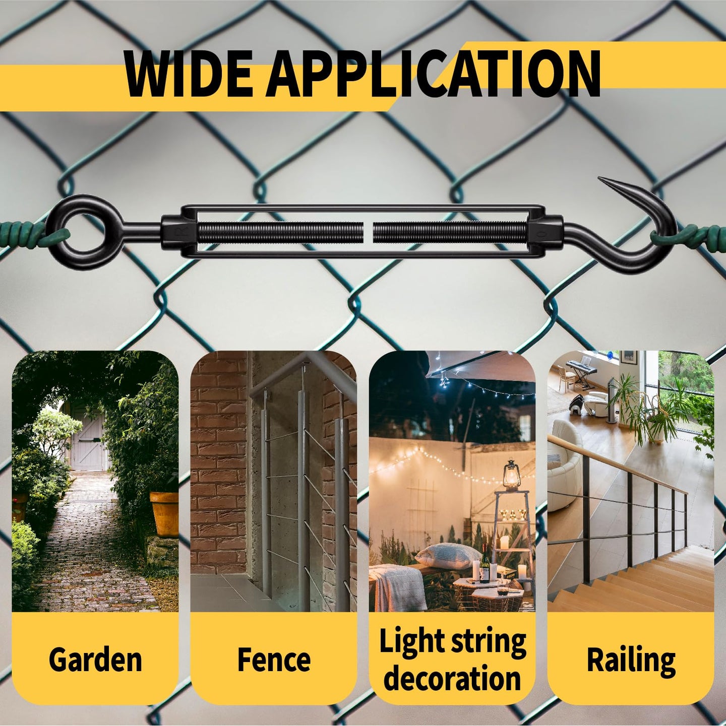 Black hook and eye turnbuckle used for tensioning outdoor sun shade sail