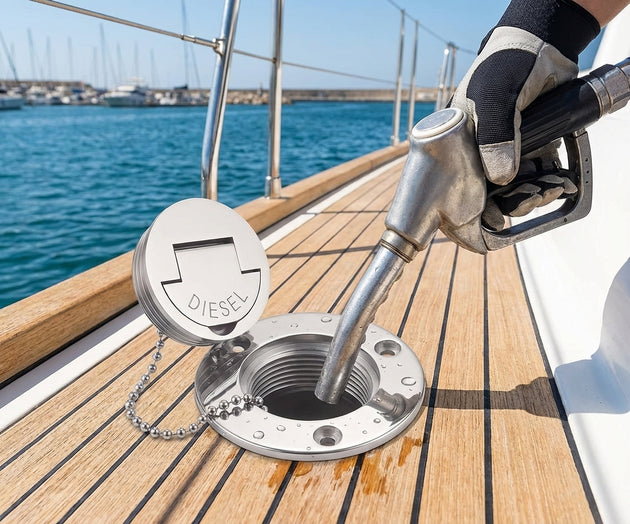 Angled diesel deck fill installed on a boat deck showing flush mount