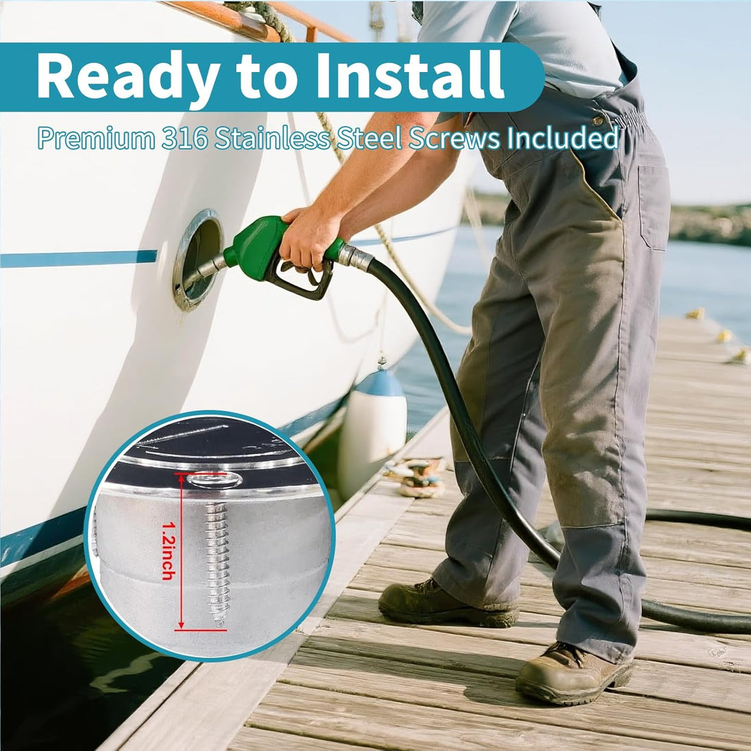 Straight marine diesel fuel filler installed on a boat deck
