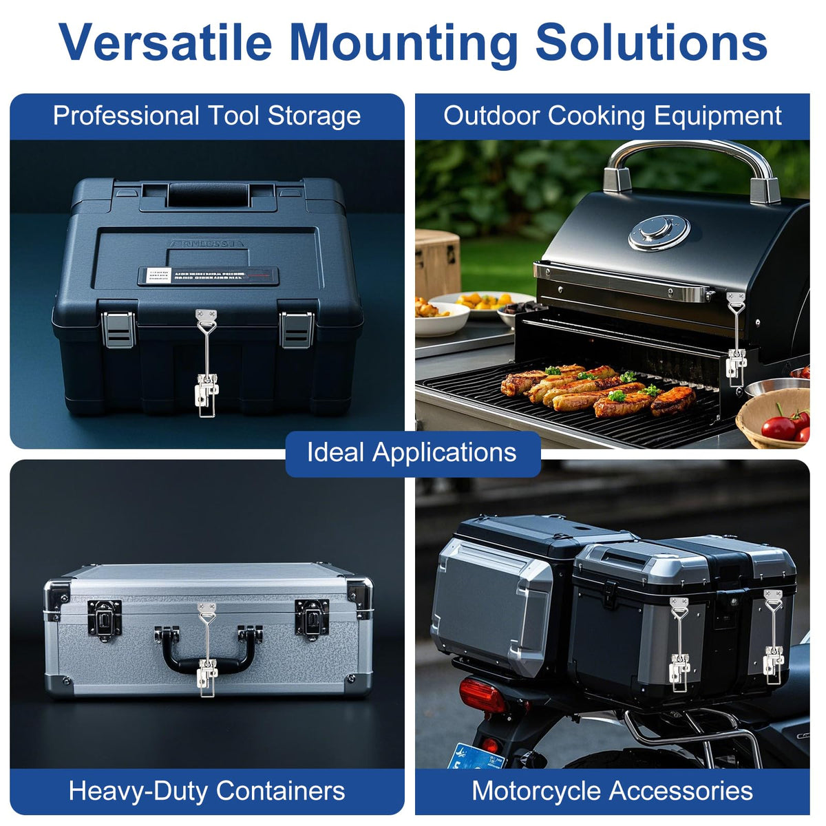Graphic demonstrating the versatile mounting solutions for a boat dock cleat, showing secure installations on wooden piers, fiberglass boat decks, and metal platforms.