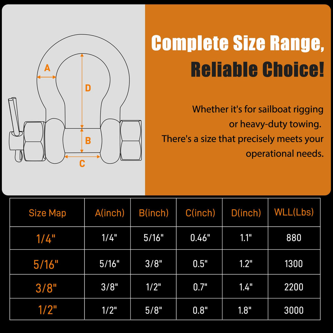 Size chart and dimensions for the silver bolt type bow shackle