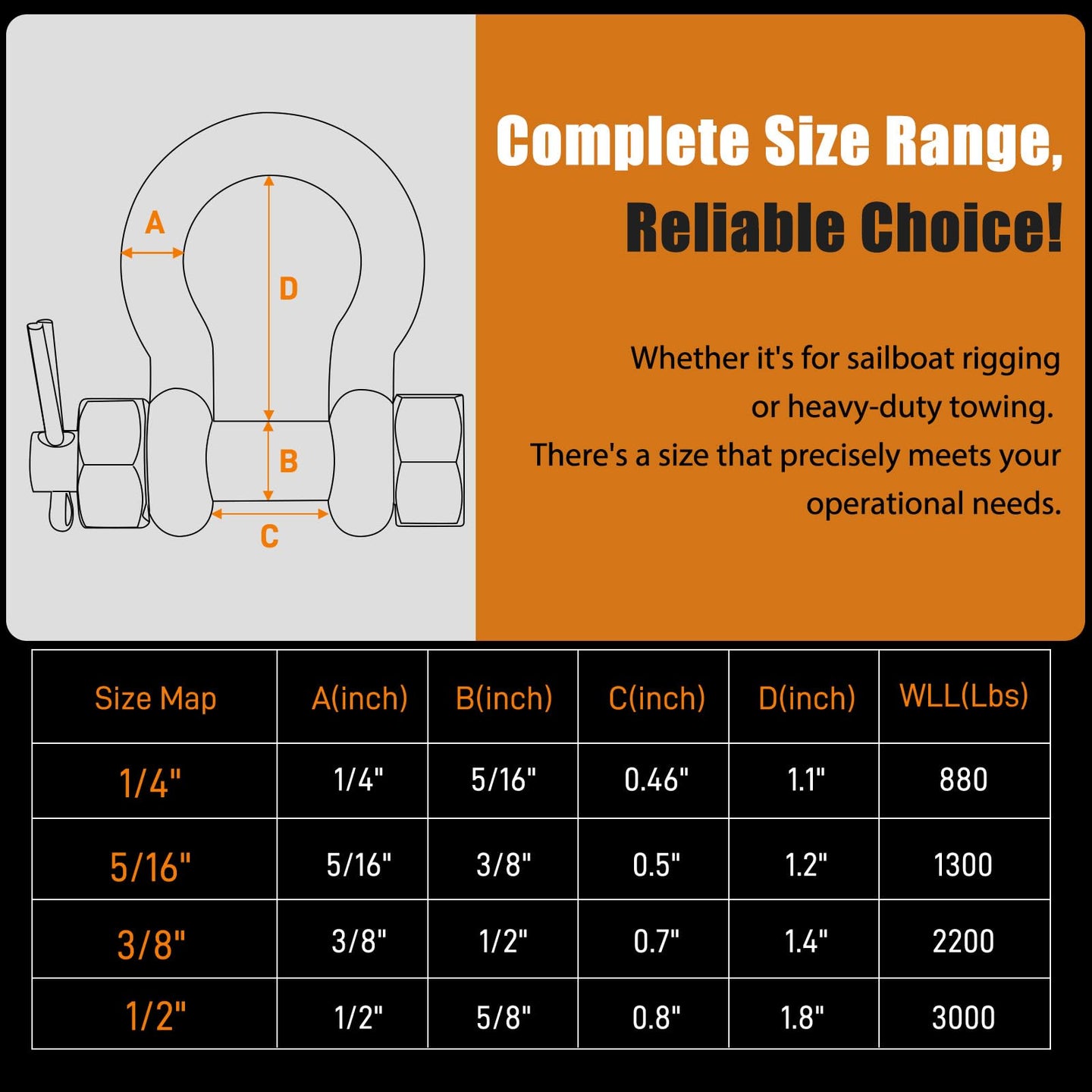 Size chart and dimensions for the silver bolt type bow shackle